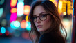 © DesignINKZ - Cinematic Close-Up of a Serious Woman with Glasses in the City at Night, Bokeh Neon Lights in Background