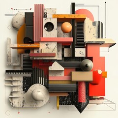 Aufkleber - Abstract Geometric Composition with Spheres, Cubes, and Textural Elements on a White Backdrop.