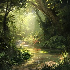 Poster - Sunlit Serenity: A Gentle Stream Flows Through Lush, Green Forest, Bathed in Golden Light and Surrounded by Vibrant Foliage.