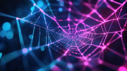 Neon illuminated web structure with an interconnected digital aesthetic