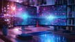 © Justlight - Two curved computer monitors are displaying transferring data with binary code and colorful lights in a dark office at night, with a wireless keyboard and mouse on the desk