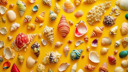 Wall Mural - unique shells on vibrant yellow background