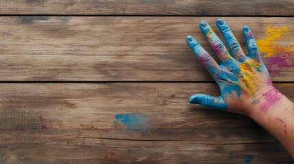 Aufkleber - A hand covered in bright blue and yellow paint reaches toward a colorful abstract painting on a wooden table during an artistic endeavor