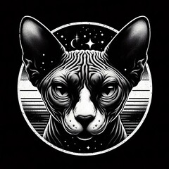 monochrome depiction of a sphynx cat encircled by celestial elements
