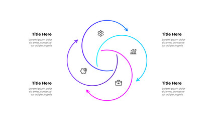 Fototapete - Line infographic diagram featuring a circular workflow with 4 arrows and icons. Business concepts showing growth, finance, and planning, symbolizing continuous improvement and strategic processes