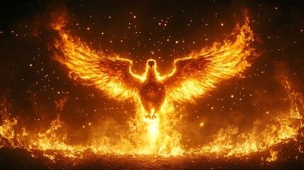 Wall Mural - Fiery phoenix rising, mythical creature in flames