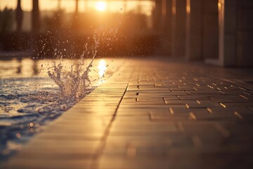 Leinwandbilder - Water splashes against a smooth stone surface at sunset, creating ripples that expand outward, while soft lighting highlights the tranquil atmosphere