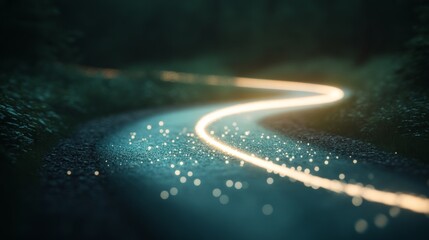 Fototapete - A vivid stream of glowing green particles flows dynamically along a smooth white curve set against a dark background, evoking a sense of movement and energy