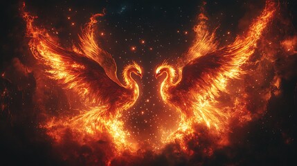 Wall Mural - Two flaming phoenixes in starry night sky. Powerful abstract image