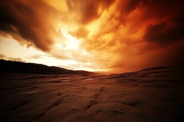 Poster - Sunset illuminates a mountainous landscape, highlighting a peak and rocky ridge under a sky filled with dramatic clouds and golden hues, offering ample copy space