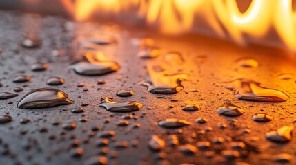 Aufkleber - Bright flames flicker beside glistening water droplets on a dark surface, creating a striking contrast that highlights the balance of heat and coolness