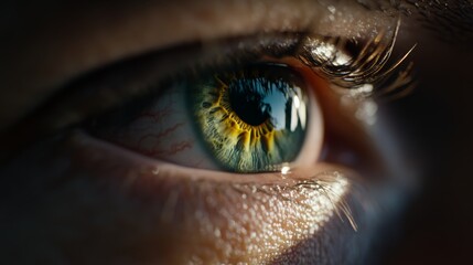 Poster - Close-up view of a striking green eye displaying intricate patterns and textures, softly illuminated by natural light, enhancing its mesmerizing allure