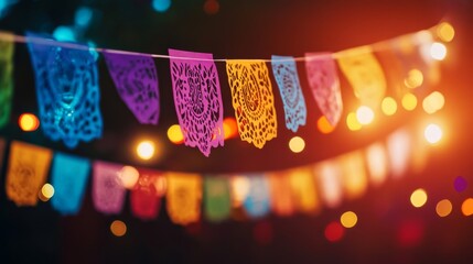 Fototapete - A single vibrant papel picado hangs from a string, softly lit by colorful lights against a dark evening backdrop with plenty of copy space on the right