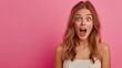 © natasha - Amazing Offer. Portrait girl in looking at copy space and exclaiming in amazement, standing over pink background, free space