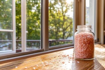 Poster - Morning sunlight filters through the window, highlighting a small glass jar filled with pink Himalayan salt on a wooden countertop, creating a serene ambiance