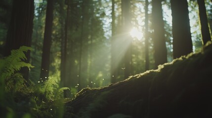 Poster - Ethereal light glows in a dense forest as fireflies hover near a moss-covered log, while soft beams of moonlight filter through the trees at night