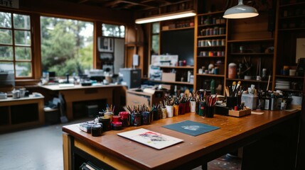 Aufkleber - A colorful artist's table stands in a rustic workshop, showcasing an array of paints, brushes, and a sketchbook, bathed in soft natural light