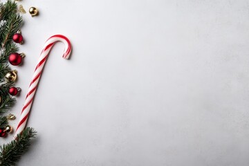Aufkleber - A striped candy cane is elegantly arranged with green pine sprigs, gold bells, and red ornaments on a white marble surface, creating a festive atmosphere