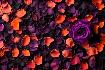 Poster - A collection of dried rose petals is intricately arranged on a smooth surface, featuring a vibrant purple rose at the center for a striking focal point