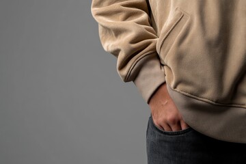 Leinwandbilder - Beige faux suede jacket hangs on a wooden hanger against a neutral gray backdrop, showcasing minimalist design with ample copy space for sustainable fashion branding