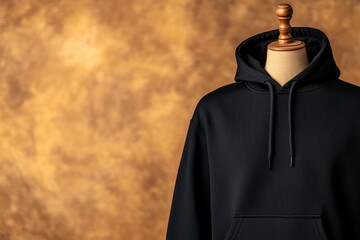 Leinwandbilder - Close-up shot highlights a black pullover hoodie on a mannequin, zip partially open to display the inner lining, set against a smooth beige surface