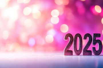Poster - Futuristic metallic number 2025 stands prominently against a vibrant gradient background, enhanced by light flares, creating an eye-catching visual