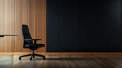 Leinwandbilder - Stylish conference room showcases a glass table and ergonomic chair against a dark cement wall, creating a clean and professional atmosphere for meetings