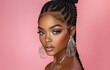 © Surachetsh - A glowing African American woman with braided hair and large earrings shines gracefully against an orange pink background.