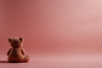 Leinwandbilder - A soft teddy bear is positioned upright on a pale pink backdrop, casting gentle shadows that enhance its playful charm and create a minimalistic aesthetic