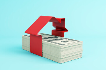 Aufkleber - Stack of dollar bills with a red ribbon forming a house shape. 3D Rendering