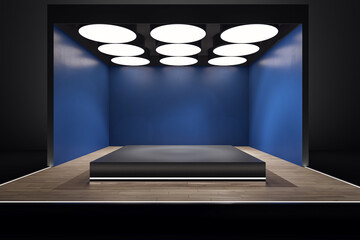 Wall Mural - modern stage with dark platform and blue walls in illuminated interior. 3d rendering