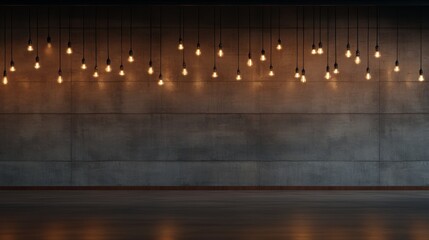 Leinwandbilder - Single strand of decorative lights hangs against a textured ceiling, glowing warmly and creating subtle shadows, leaving plenty of space for additional text on the right