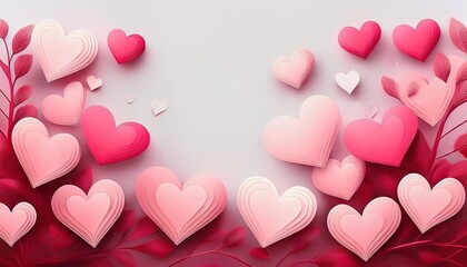 Wall Mural - pink hearts background, romantic cute pink heart border pattern, greeting card invitation header whi