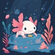 © Samaphon - A charming cartoon axolotl surrounded by colorful underwater plants, creating a whimsical aquatic scene.