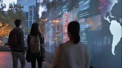 Wall Mural - students standing near interactive display analyzing world map with dynamic data visualizations repr