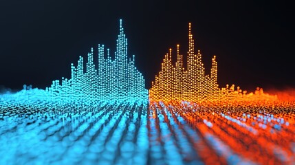 Wall Mural - the image is a computer generated drawing of two cities, one blue and one orange