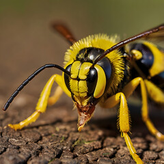Close-Up on Yellow Jacket: An exceptionally detailed macro shot of a yellow jacket, showcasing its intricate features with its striking yellow and black markings.