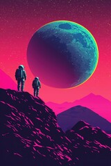 Wall Mural - two astronauts are standing on a mountain looking at a large planet