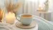 © PixelPlace - self-care routines  nutrition evening. A cozy scene featuring a cup of tea beside a lit candle, creating a warm and inviting atmosphere.