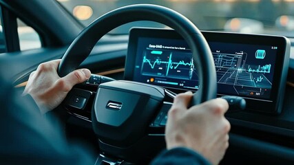 Wall Mural - hands on a steering wheel with a futuristic dashboard showcasing real time data and graphs, highligh