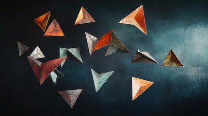 Abstract Floating Metallic Triangles Against a Textured Dark Background