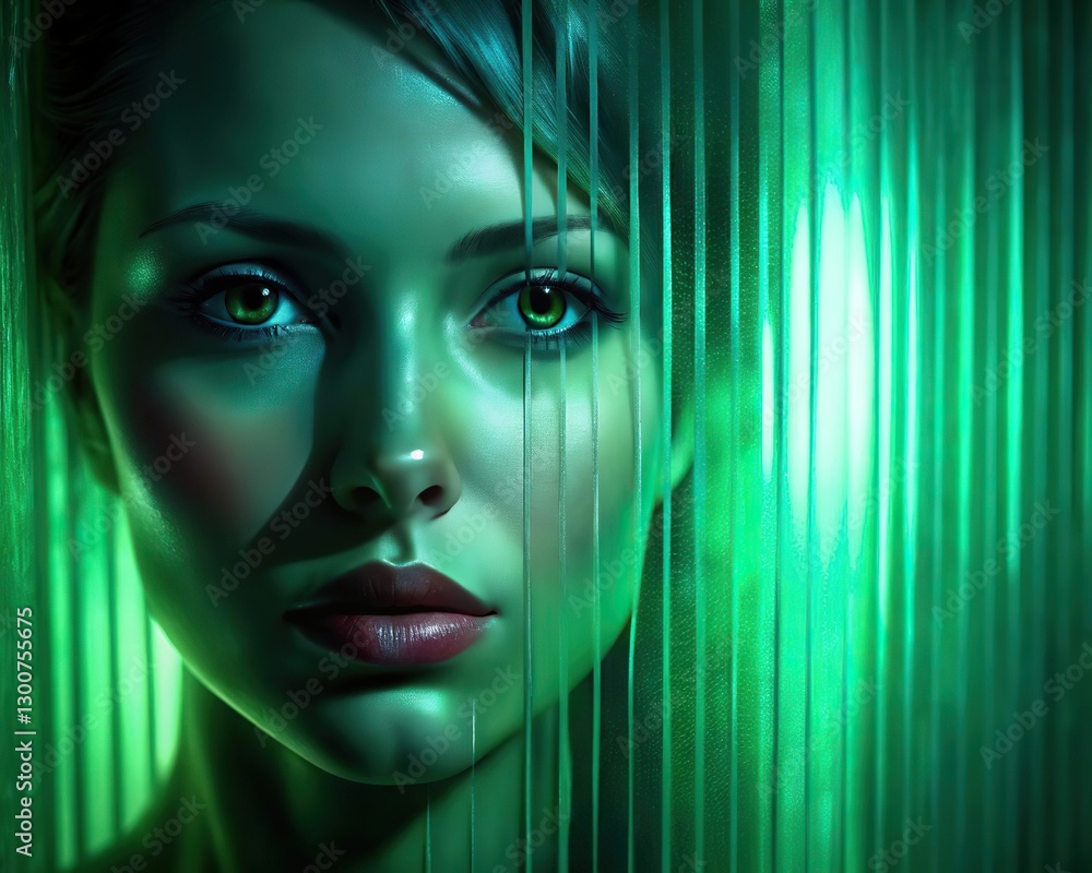Reeded Glass. Ribbed Background. Glitched and corrupted female face ...