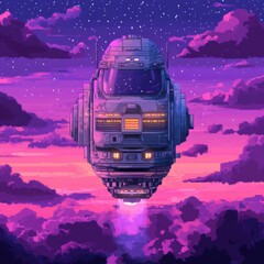Wall Mural - retro futuristic spaceship ascending through purple clouds