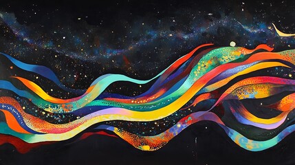 Wall Mural - a bold abstract design with colorful curved streaks of light racing across a dark, starry background