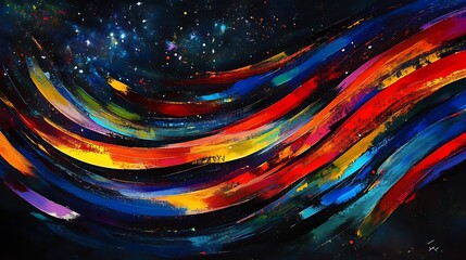 Wall Mural - a bold abstract design with colorful curved streaks of light racing across a dark, starry background