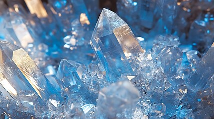 Wall Mural - a chaotic cluster of sharp-edged, crystal-like formations in icy blues and silvers