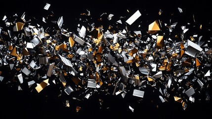 Wall Mural - a chaotic scatter of angular shards in metallic silver and gold, suspended against a deep black back