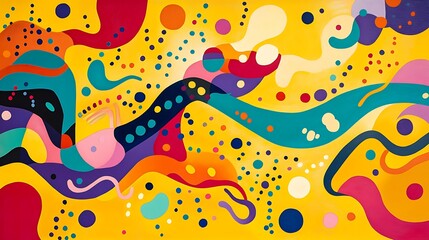 Wall Mural - a colorful abstract design with bold squiggles, dots, and playful shapes scattered across a bright y