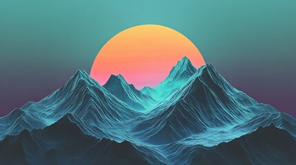 Wall Mural - a design featuring abstract mountains in shades of blue and green with a glowing sunrise gradient be