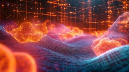 Wall Mural - a dynamic composition of energy waves and glowing plasma arcs, set against a futuristic grid